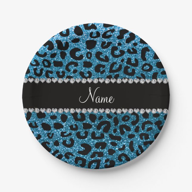 Custom name sky blue glitter cheetah print paper plates (Front)
