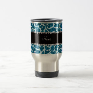Custom name sky blue glitter giraffe travel mug