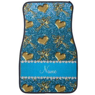 Custom name sky blue glitter gold roses hearts car floor mat