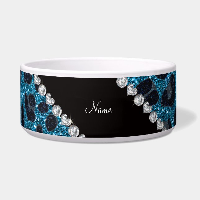 Custom name sky blue glitter leopard print bowl (Front)