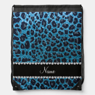 Custom name sky blue glitter leopard print drawstring bag