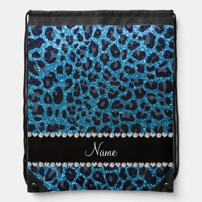Custom name sky blue glitter leopard print drawstring bag (Front)