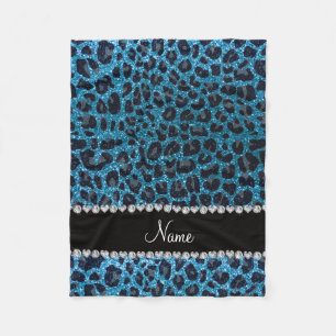 Custom name sky blue glitter leopard print fleece blanket