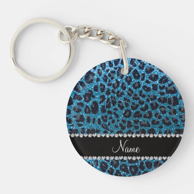 Custom name sky blue glitter leopard print keychain (Front)