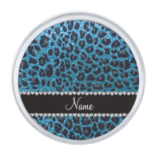 Custom name sky blue glitter leopard print silver finish lapel pin