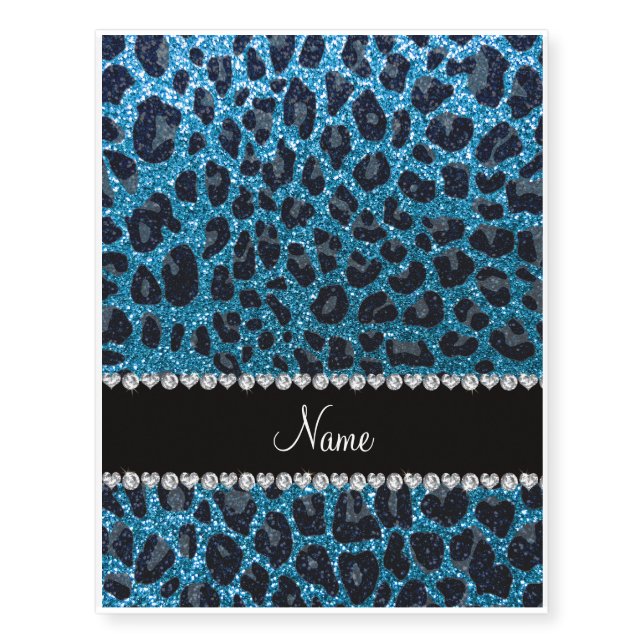 Custom name sky blue glitter leopard print temporary tattoos (Front)
