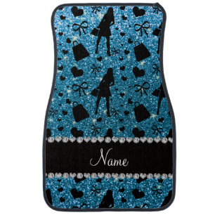 Custom name sky blue glitter shopping car mat