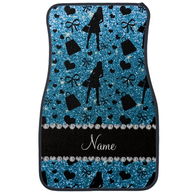 Custom name sky blue glitter shopping car mat (Front)