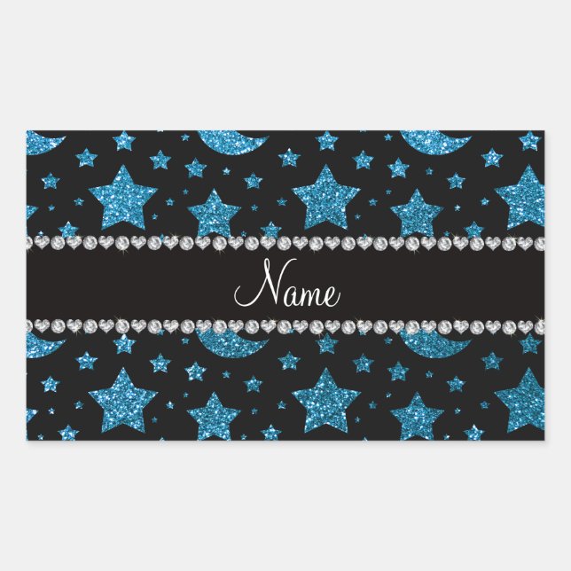 Custom name sky blue glitter stars and moons rectangular sticker (Front)
