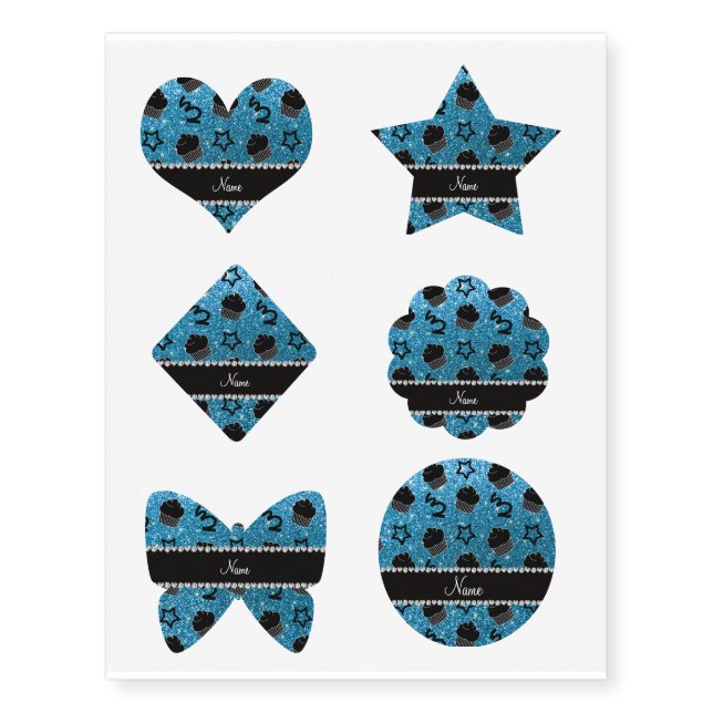 Custom name sky blue glitter stars cupcakes temporary tattoos (Front)