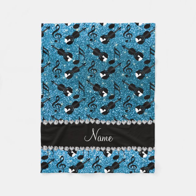 Custom name sky blue glitter violins music notes fleece blanket (Front)