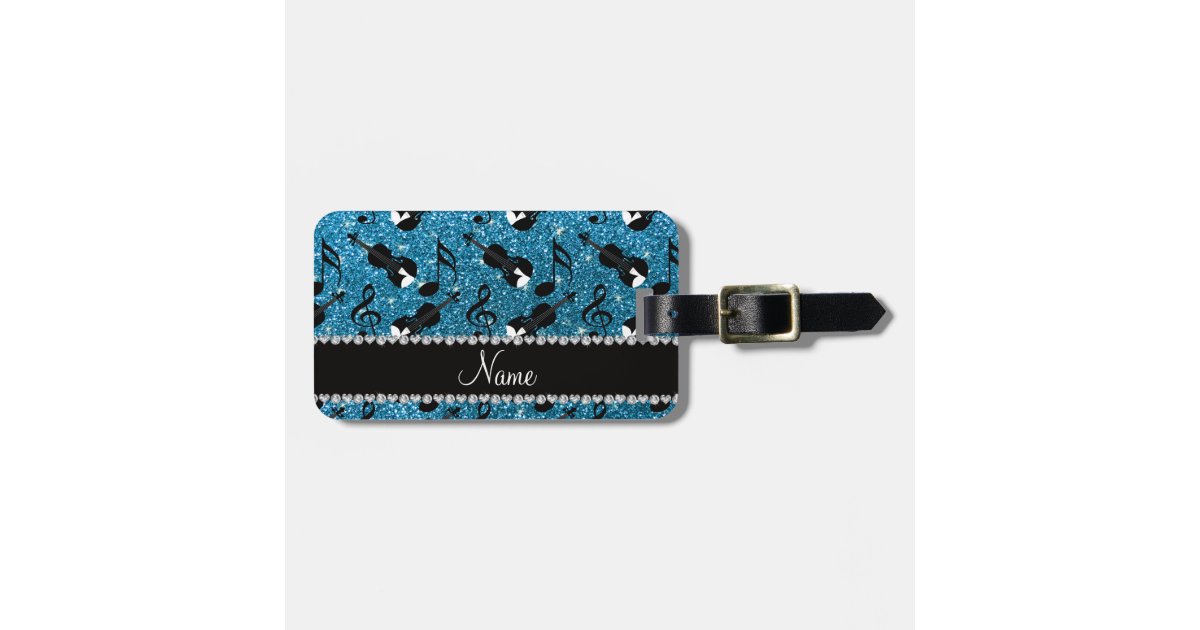 Custom name sky blue glitter violins music notes luggage tag Zazzle