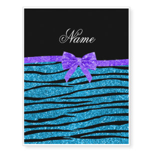 Custom name sky blue glitter zebra stripes purple temporary tattoos