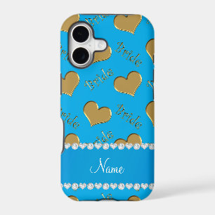Custom name sky blue gold bride hearts iPhone 17 case