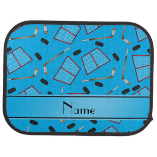 Custom name sky blue hockey sticks pucks nets car floor mat
