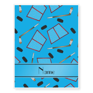 Custom name sky blue hockey sticks pucks nets temporary tattoos