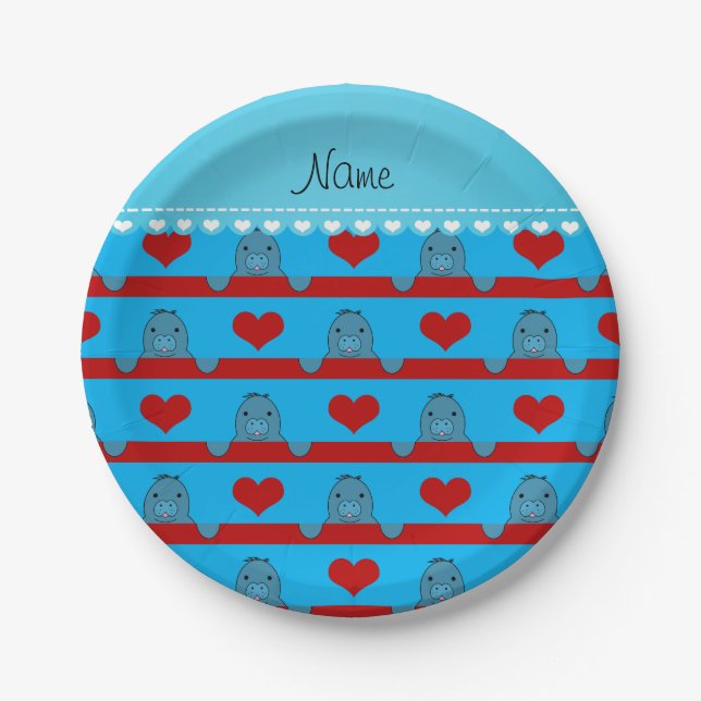 Custom name sky blue manatees red hearts stripes paper plates (Front)