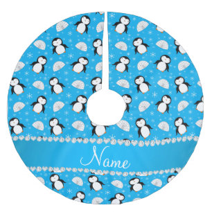 Custom name sky blue penguins igloos snowflakes brushed polyester tree skirt
