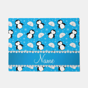 Custom name sky blue penguins igloos snowflakes doormat