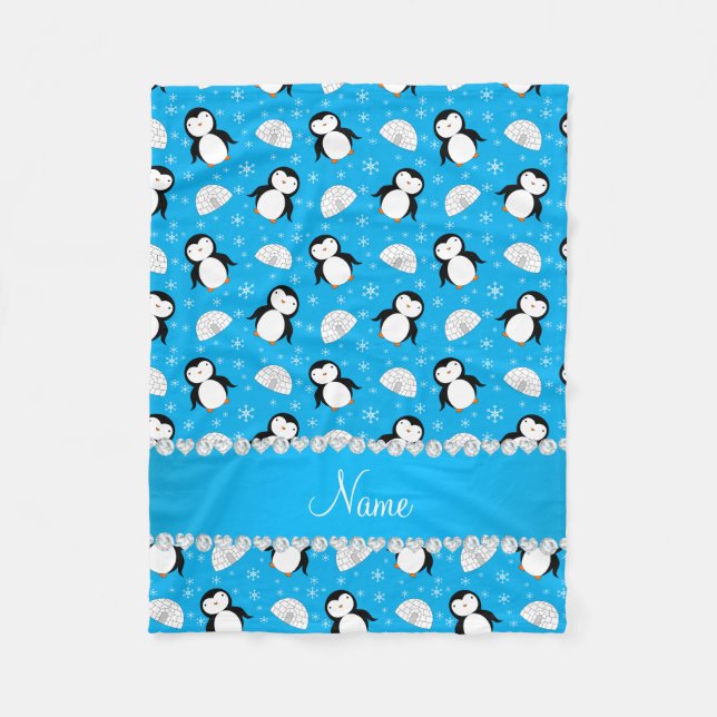 Custom name sky blue penguins igloos snowflakes fleece blanket (Front)