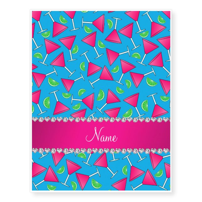 Custom name sky blue pink cosmos limes temporary tattoos (Front)