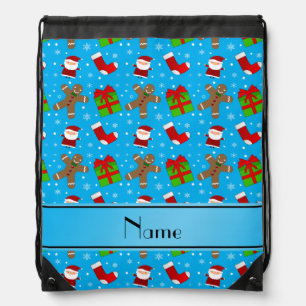 Custom name sky blue santas gingerbread drawstring bag