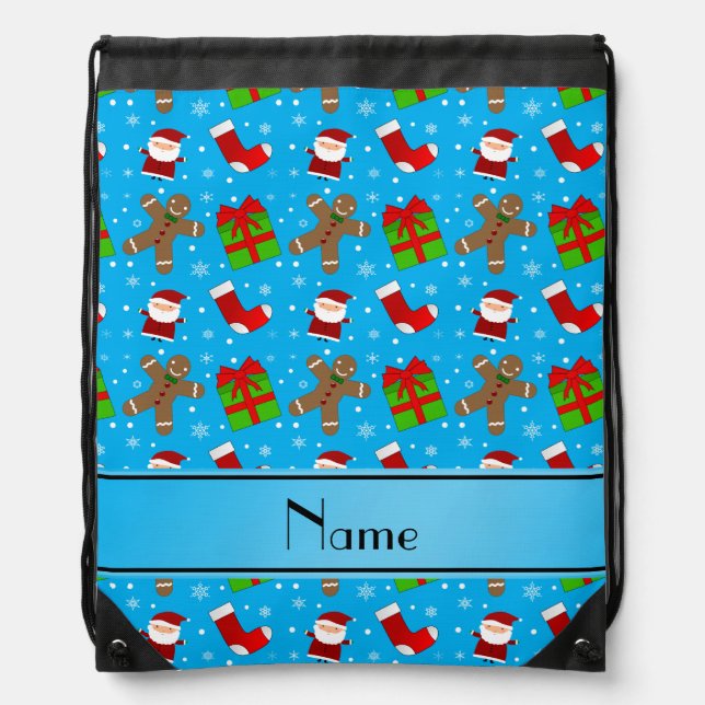 Custom name sky blue santas gingerbread drawstring bag (Front)