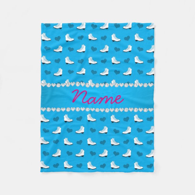 Custom name sky blue skates and hearts blue stripe fleece blanket (Front)