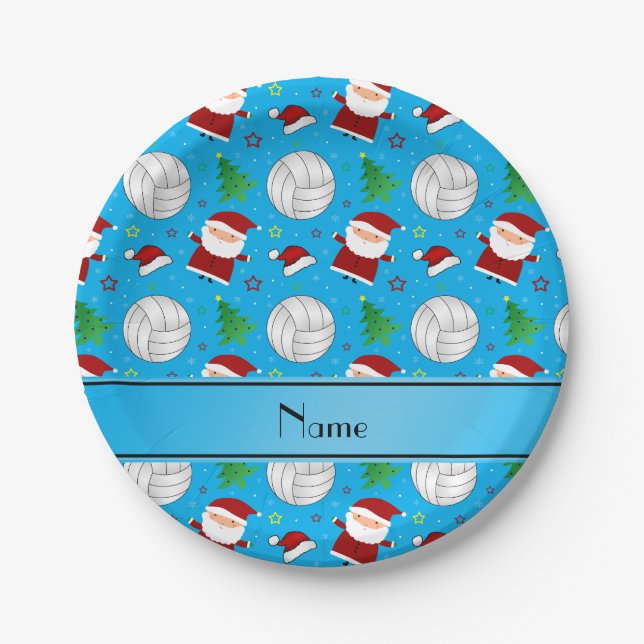 Custom name sky blue volleyball christmas pattern paper plates (Front)