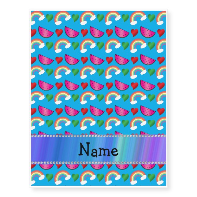 Custom name sky blue watermelons rainbows hearts temporary tattoos (Front)