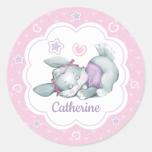 Custom name Sleeping Bunny in pink and purple Classic Round Sticker
