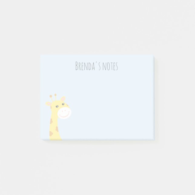 Custom Name Smiling Giraffe Light Blue 4x3 Post-it Notes (Front)