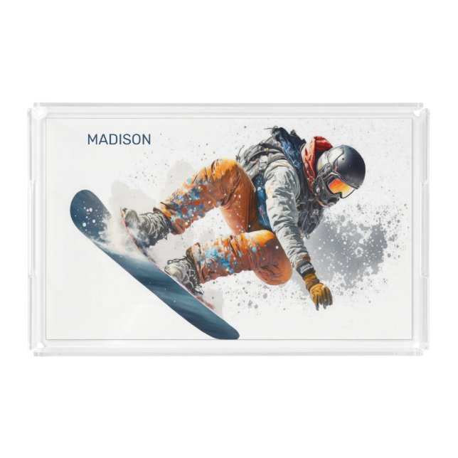 Custom Name Snowboarder Illustration Acrylic Tray (Front)