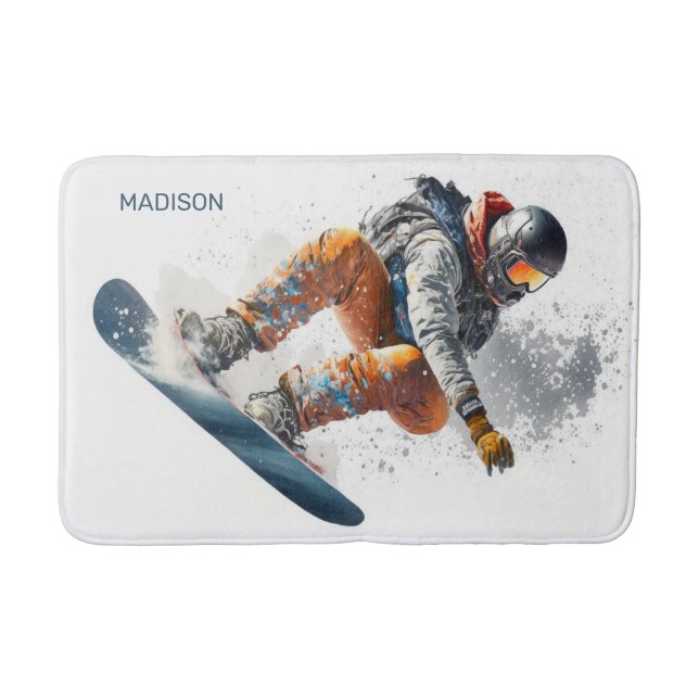Custom Name Snowboarder Illustration Bath Mat (Front)
