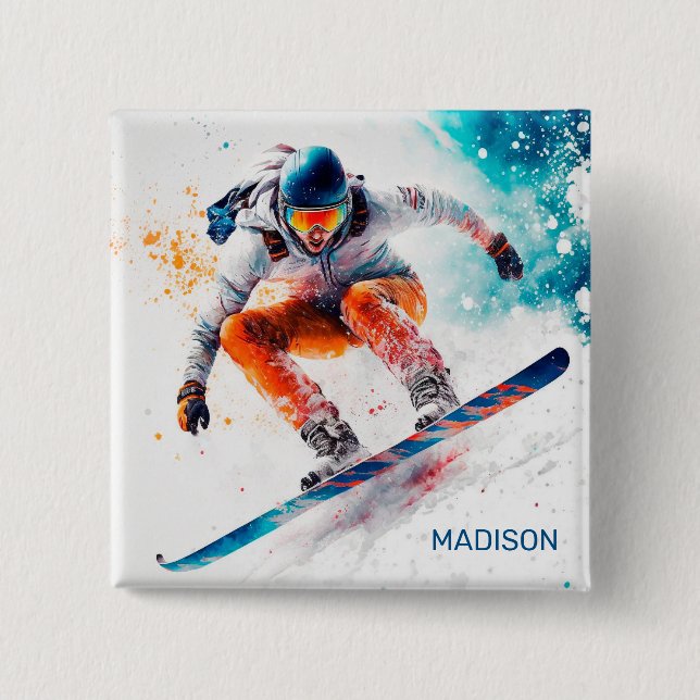 Custom Name Snowboarder Illustration Button (Front)