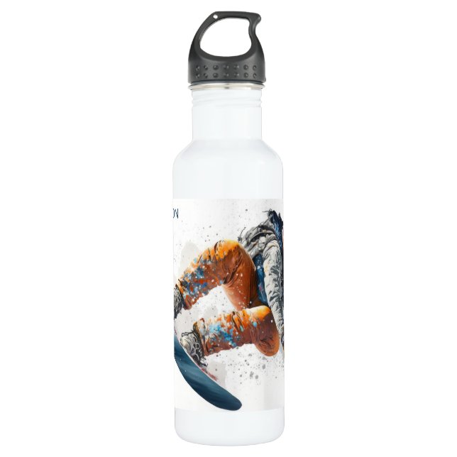 Custom Name Snowboarder Illustration Stainless Steel Water Bottle (Front)