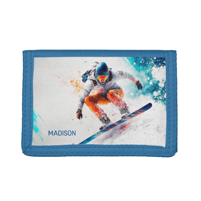 Custom Name Snowboarder Illustration Trifold Wallet (Front)