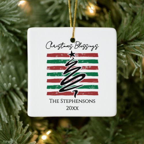 Custom Name Snowflake Stripes Christmas Blessings Ceramic Ornament