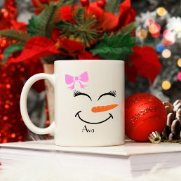 Custom Name Snowman Snowgirl Pink Bow Coffee Mug