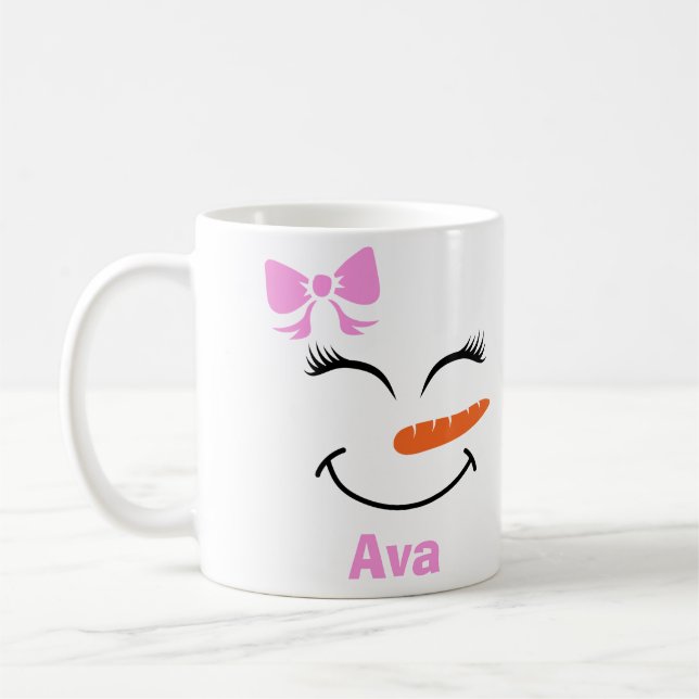 Custom Name Snowman Snowgirl Pink Bow Coffee Mug (Left)