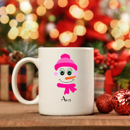 Custom Name Snowman Snowgirl Pink Hat and Scarf Coffee Mug