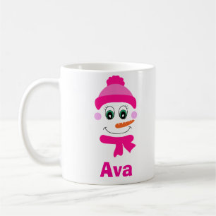 Custom Name Snowman Snowgirl Pink Hat and Scarf Coffee Mug