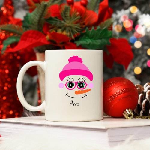 Custom Name Snowman Snowgirl Pink Hat Coffee Mug