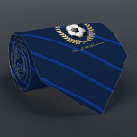 Custom Name Soccer Ball Navy Striped Tie<br><div class="desc">A great gift for your favorite soccer coach for player.  This tie features a soccer ball encircled by a fake printed gold wreath and a spot for the recipient's name and gold underneath it.</div>