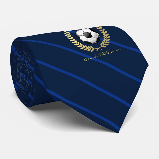 Custom Name Soccer Ball Navy Striped Tie (Rolled)