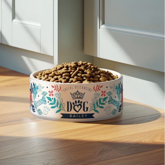 Custom Name Social Distancing Dog & Floral Design Bowl (Custom Name Social Distancing Dog & Floral Design Bowl)