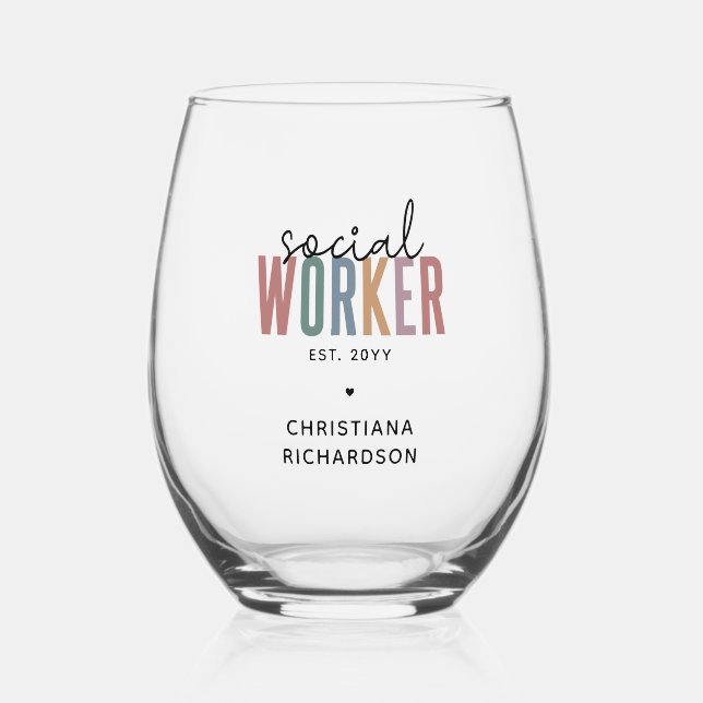Custom Name Social Worker graduation Gifts Stemless Wine Glass (Front)