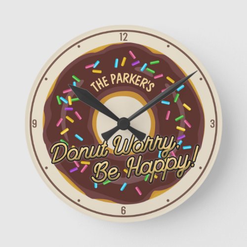 Custom NAME Soft Chocolate Donut Rainbow Sprinkles Round Clock