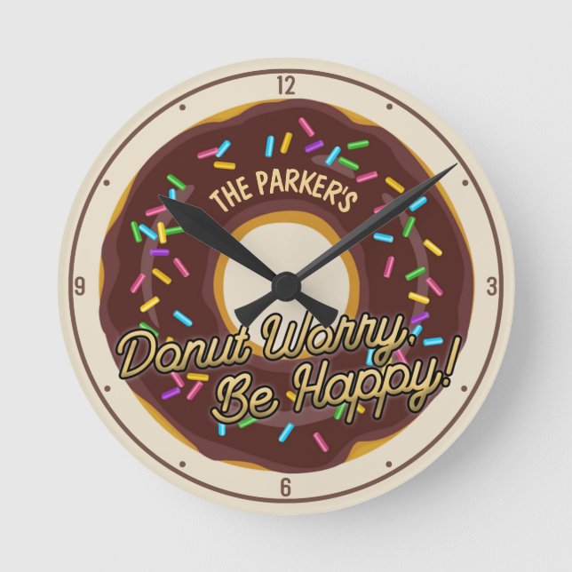 Custom NAME Soft Chocolate Donut Rainbow Sprinkles Round Clock (Front)