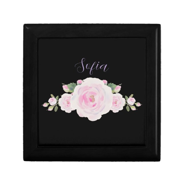 Custom Name, Soft Pink Roses Wooden Jewelry Box (Front)